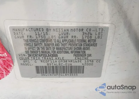 2016 Nissan Versa 1.6 S/1.6 S+/1.6 Sl/1.6 Sv from USA, damaged, VIN 3N1CN7AP2GL843555